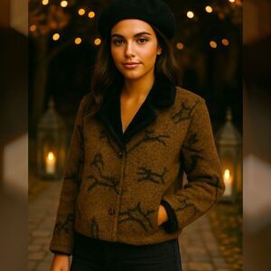 Tsunami Fur Alpaca Mohair Blend M Green Brown Equestrian Horse Print Short Coat